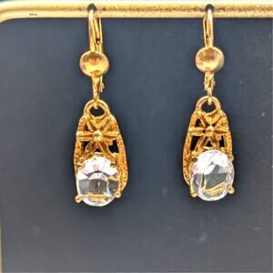 VTG Gold Tone 1-3/8" Dangle Lever Back Large Oval Crystal Earrings